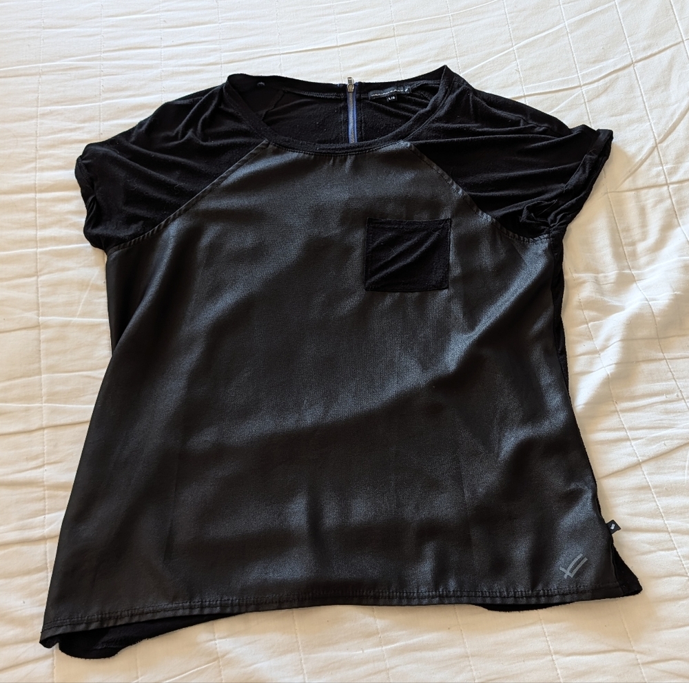 William Rast Black Short-Sleeve Satin-Front Top